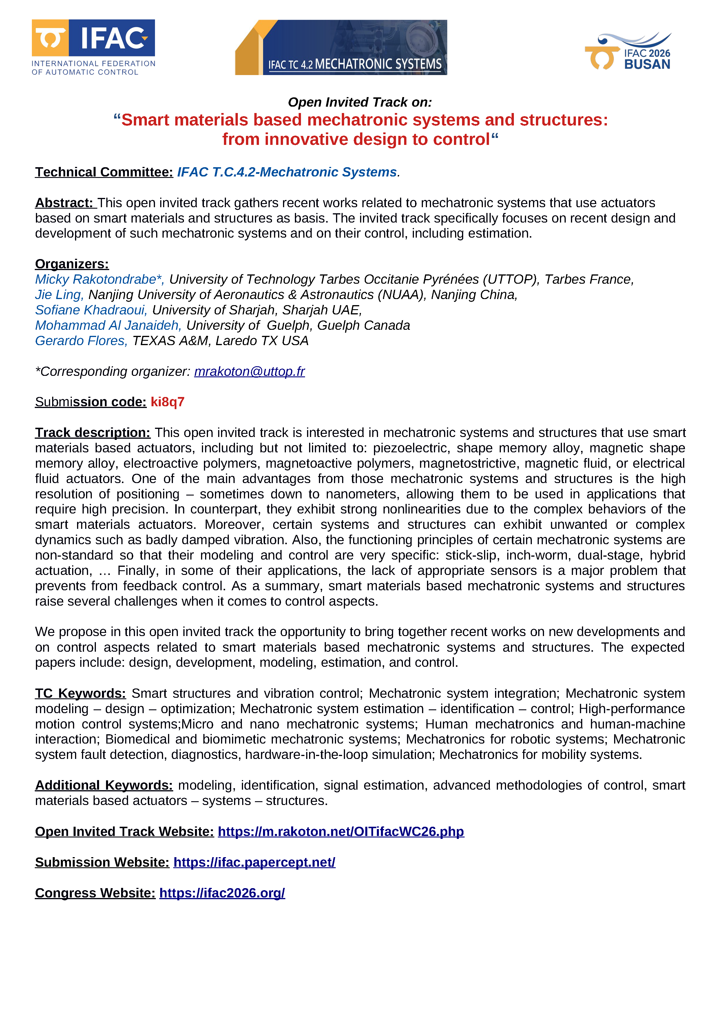 Call for Papers - IFAC WC 2026 Open Invited Track